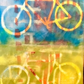 Bike, acrylic, spray on red rosin $45